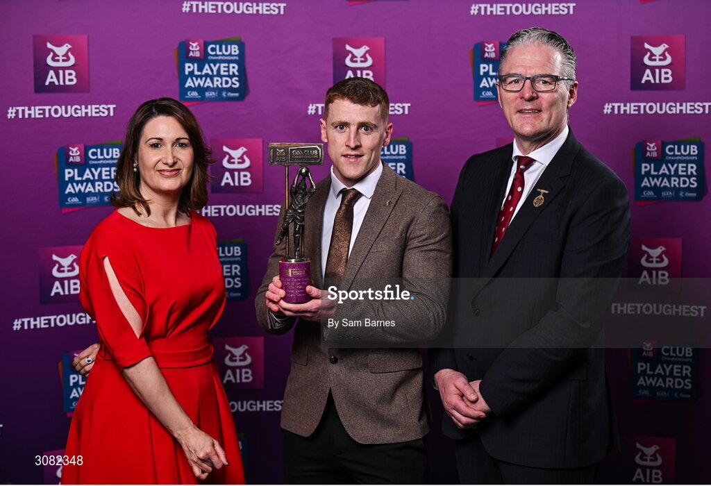 21 March 2025; Errigal Ciaran footballer Peter Harte is presented with his 2024/25 Football Team of the Year award by Uachtarán Cumann Lúthchleas Gael, Jarlath Burns and Chief Customer Officer of AIB, Orlaith Ryan, during the AIB Club Player Awards at Croke Park in Dublin. The AIB Club Player Awards celebrated the best players from club Football, Hurling, Camogie, and LGFA in a single ceremony for the first time, recognising their outstanding achievements on the field throughout the season. Photo by Sam Barnes/Sportsfile