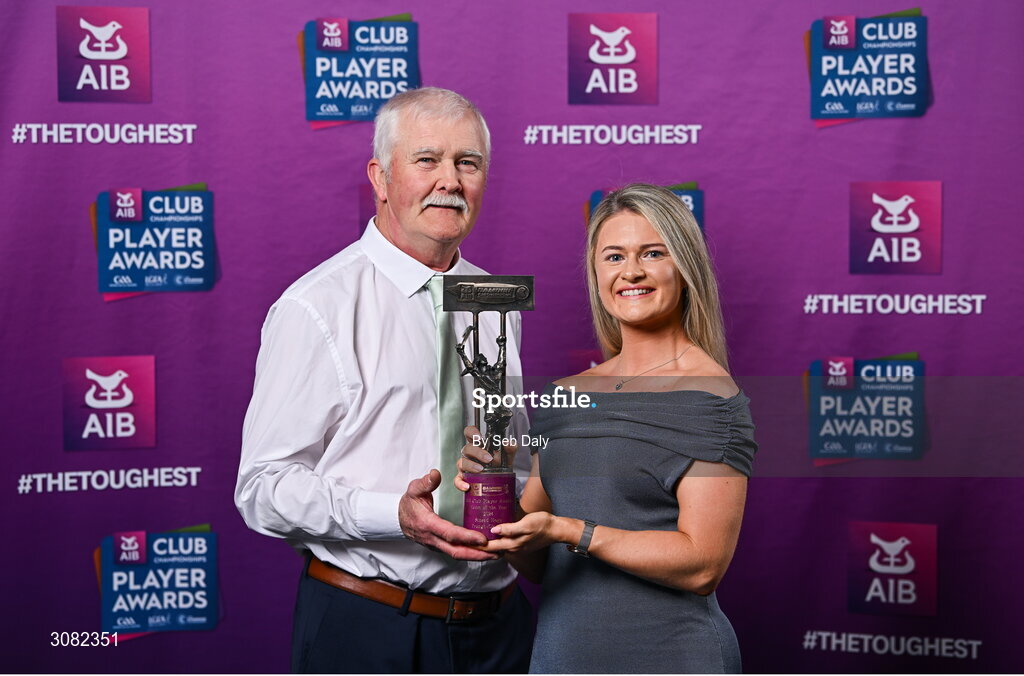 21 March 2025; Truagh Clonlara camogie player Sinead Hogg with her father John during the AIB Club Player Awards at Croke Park in Dublin. The AIB Club Player Awards celebrated the best players from club Football, Hurling, Camogie, and LGFA in a single ceremony for the first time, recognising their outstanding achievements on the field throughout the season. Photo by Seb Daly/Sportsfile