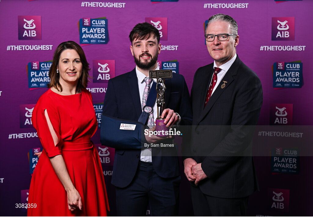 21 March 2025; Coolera-Strandhill footballer Keelan Harte is presented with his 2024/25 Football Team of the Year award by Uachtarán Cumann Lúthchleas Gael, Jarlath Burns and Chief Customer Officer of AIB, Orlaith Ryan, during the AIB Club Player Awards at Croke Park in Dublin. The AIB Club Player Awards celebrated the best players from club Football, Hurling, Camogie, and LGFA in a single ceremony for the first time, recognising their outstanding achievements on the field throughout the season. Photo by Sam Barnes/Sportsfile