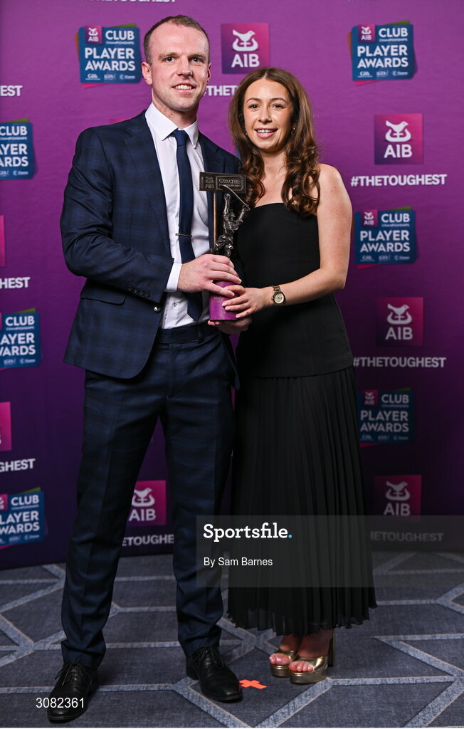 21 March 2025; Na Fianna hurler Paul O'Dea and his partner Rachel Walker with his 2024/25 Hurling Team of the Year award during the AIB Club Player Awards at Croke Park in Dublin. The AIB Club Player Awards celebrated the best players from club Football, Hurling, Camogie, and LGFA in a single ceremony for the first time, recognising their outstanding achievements on the field throughout the season. Photo by Sam Barnes/Sportsfile