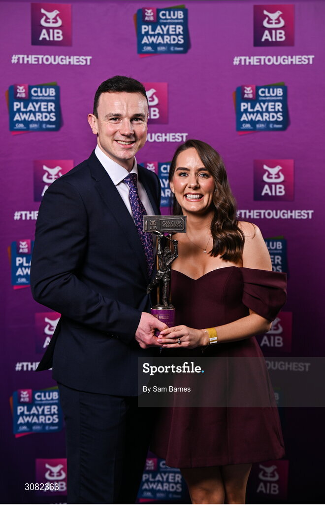 21 March 2025; Na Fianna hurler Liam Rushe and his wife Sinead with his 2024/25 Hurling Team of the Year award during the AIB Club Player Awards at Croke Park in Dublin. The AIB Club Player Awards celebrated the best players from club Football, Hurling, Camogie, and LGFA in a single ceremony for the first time, recognising their outstanding achievements on the field throughout the season. Photo by Sam Barnes/Sportsfile