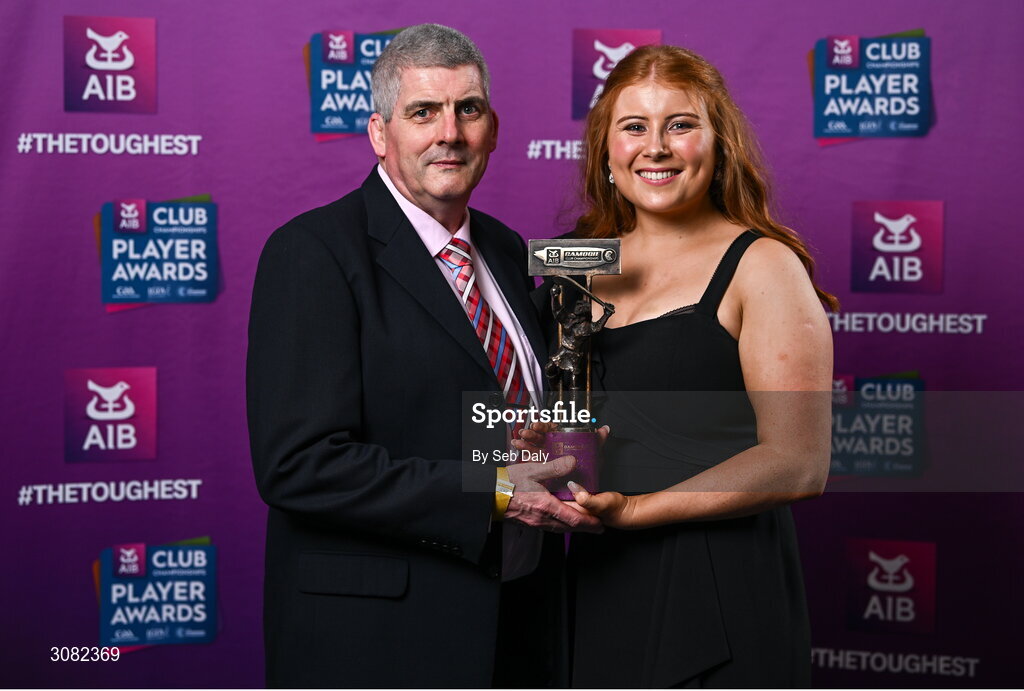 21 March 2025; Truagh Clonlara camogie player Sophie Cullen with her father Conor during the AIB Club Player Awards at Croke Park in Dublin. The AIB Club Player Awards celebrated the best players from club Football, Hurling, Camogie, and LGFA in a single ceremony for the first time, recognising their outstanding achievements on the field throughout the season. Photo by Seb Daly/Sportsfile