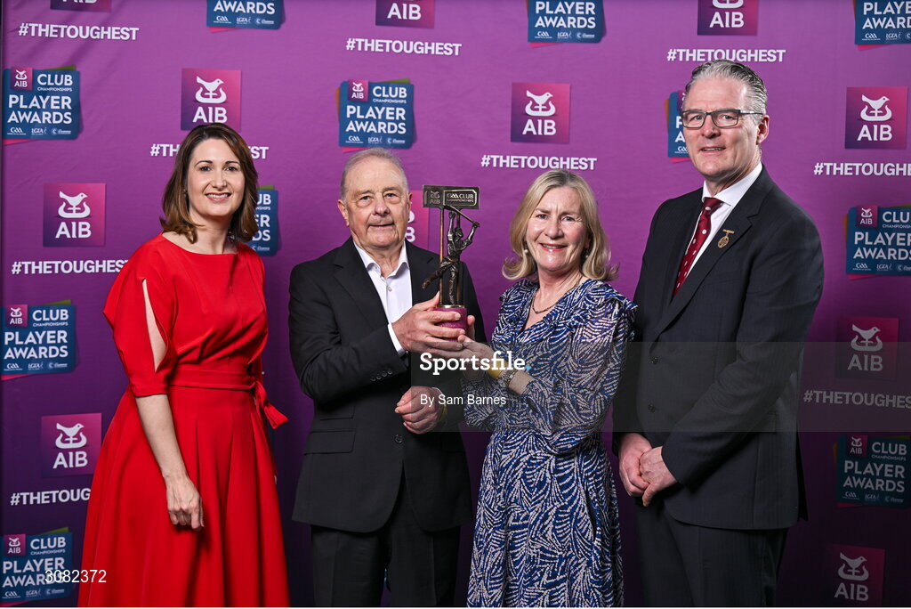21 March 2025; Liam and Marion Kearney, parents of Sarsfields hurler Daniel Kearney, are  presented their sons 2024/25 Hurling Team of the Year award by Uachtarán Cumann Lúthchleas Gael, Jarlath Burns and Chief Customer Officer of AIB, Orlaith Ryan during the AIB Club Player Awards at Croke Park in Dublin. The AIB Club Player Awards celebrated the best players from club Football, Hurling, Camogie, and LGFA in a single ceremony for the first time, recognising their outstanding achievements on the field throughout the season. Photo by Sam Barnes/Sportsfile