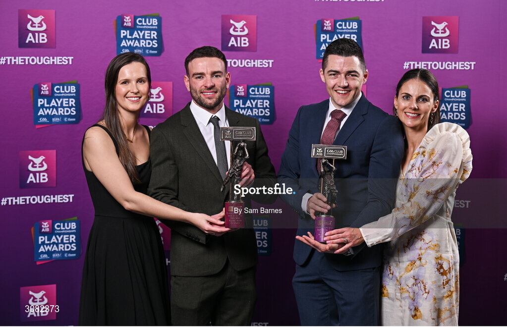 21 March 2025; Dr Crokes footballers Micheál Burns, centre left, and Brian Looney, centre right, with their partners Rayanne O'Connor, far left, and Gina Looney, far right, and their 2024/25 Football Team of the Year awards during the AIB Club Player Awards at Croke Park in Dublin. The AIB Club Player Awards celebrated the best players from club Football, Hurling, Camogie, and LGFA in a single ceremony for the first time, recognising their outstanding achievements on the field throughout the season. Photo by Sam Barnes/Sportsfile