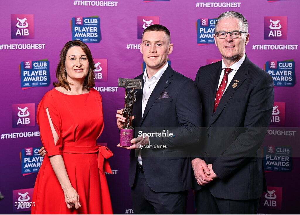 21 March 2025; Cuala footballer Con O'Callaghan is presented with his 2024/25 Football Team of the Year award by Uachtarán Cumann Lúthchleas Gael, Jarlath Burns and Chief Customer Officer of AIB, Orlaith Ryan, during the AIB Club Player Awards at Croke Park in Dublin. The AIB Club Player Awards celebrated the best players from club Football, Hurling, Camogie, and LGFA in a single ceremony for the first time, recognising their outstanding achievements on the field throughout the season. Photo by Sam Barnes/Sportsfile