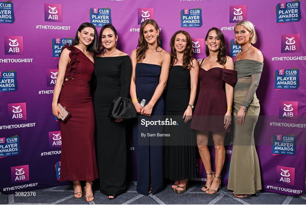 21 March 2025; In attendance are, from left, Ríona Phelan, Lorna McHugh, Caoimhe Redmond, Rachel Walker, Sinead Rushe, and Lauren Farrell during the AIB Club Player Awards at Croke Park in Dublin. The AIB Club Player Awards celebrated the best players from club Football, Hurling, Camogie, and LGFA in a single ceremony for the first time, recognising their outstanding achievements on the field throughout the season. Photo by Sam Barnes/Sportsfile