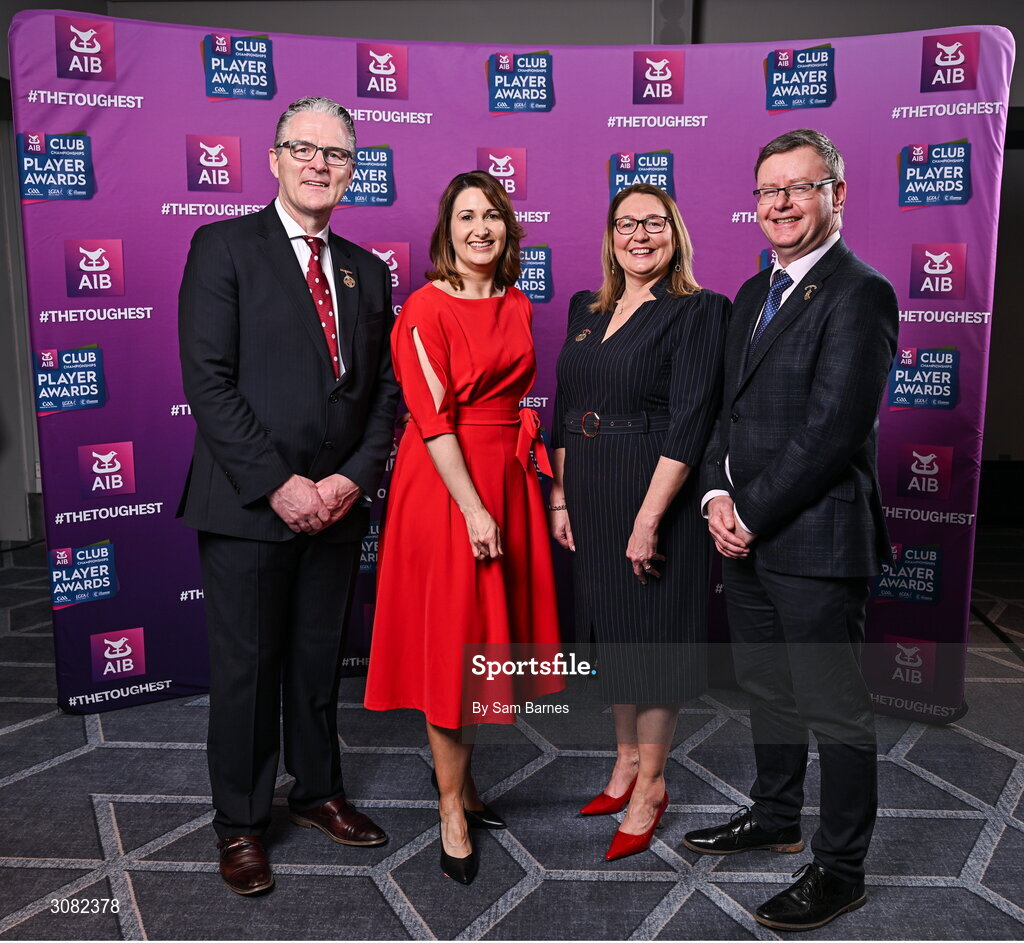 21 March 2025; In attendance are, from left, Uachtarán Chumann Lúthchleas Gael Jarlath Burns, AIB Chief Customer Officer Orlaith Ryan, Uachtarán Cumann Peil Gael na mBan Trina Murray and Camogie Association president Brian Molloy during the AIB Club Player Awards at Croke Park in Dublin. The AIB Club Player Awards celebrated the best players from club Football, Hurling, Camogie, and LGFA in a single ceremony for the first time, recognising their outstanding achievements on the field throughout the season. Photo by Sam Barnes/Sportsfile
