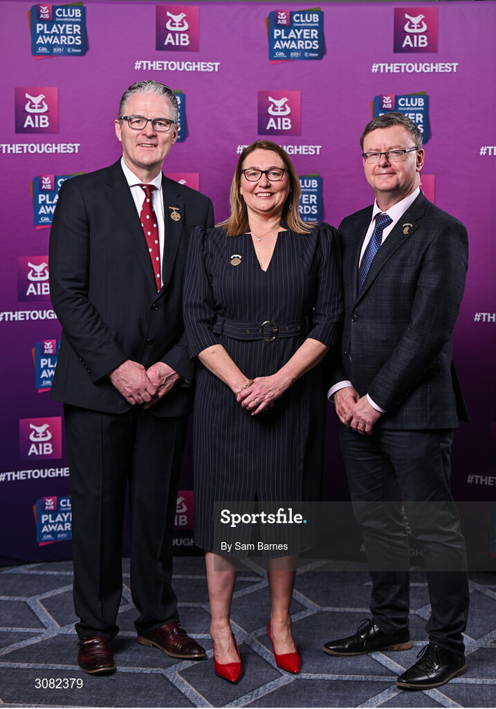 21 March 2025; In attendance are, from left, Uachtarán Chumann Lúthchleas Gael Jarlath Burns, Uachtarán Cumann Peil Gael na mBan Trina Murray and Camogie Association president Brian Molloy during the AIB Club Player Awards at Croke Park in Dublin. The AIB Club Player Awards celebrated the best players from club Football, Hurling, Camogie, and LGFA in a single ceremony for the first time, recognising their outstanding achievements on the field throughout the season. Photo by Sam Barnes/Sportsfile