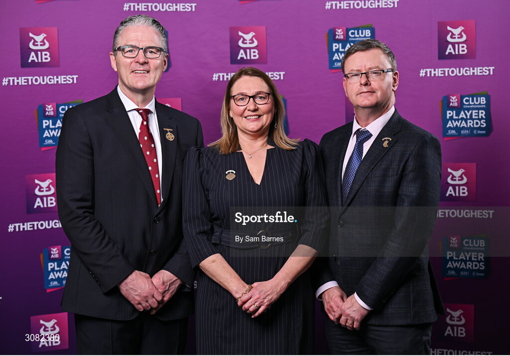 21 March 2025; In attendance are, from left, Uachtarán Chumann Lúthchleas Gael Jarlath Burns, Uachtarán Cumann Peil Gael na mBan Trina Murray and Camogie Association president Brian Molloy during the AIB Club Player Awards at Croke Park in Dublin. The AIB Club Player Awards celebrated the best players from club Football, Hurling, Camogie, and LGFA in a single ceremony for the first time, recognising their outstanding achievements on the field throughout the season. Photo by Sam Barnes/Sportsfile