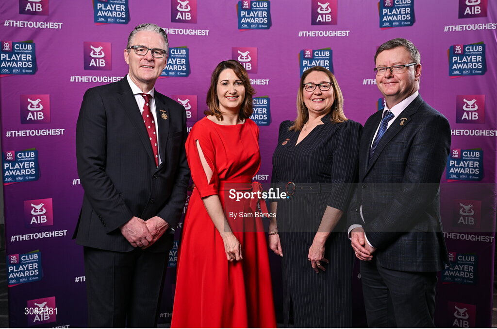 21 March 2025; In attendance are, from left, Uachtarán Chumann Lúthchleas Gael Jarlath Burns, AIB Chief Customer Officer Orlaith Ryan, Uachtarán Cumann Peil Gael na mBan Trina Murray and Camogie Association president Brian Molloy during the AIB Club Player Awards at Croke Park in Dublin. The AIB Club Player Awards celebrated the best players from club Football, Hurling, Camogie, and LGFA in a single ceremony for the first time, recognising their outstanding achievements on the field throughout the season. Photo by Sam Barnes/Sportsfile