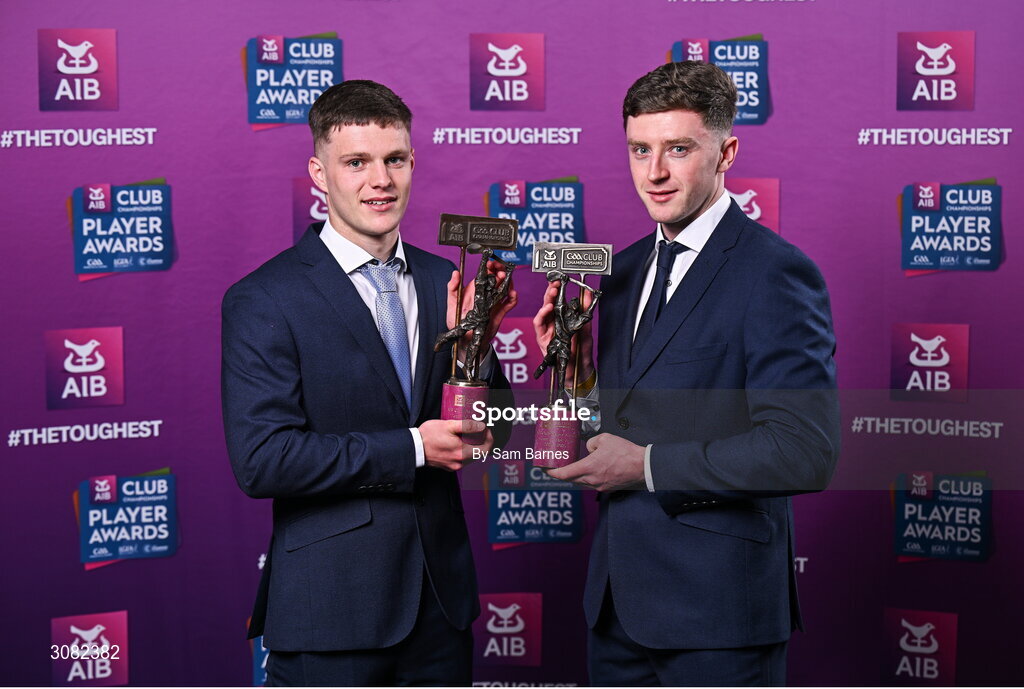 21 March 2025; Sarsfields hurlers Cathal McCarthy, left, and Jack O'Connor with their 2024/25 Hurling Team of the Year awards during the AIB Club Player Awards at Croke Park in Dublin. The AIB Club Player Awards celebrated the best players from club Football, Hurling, Camogie, and LGFA in a single ceremony for the first time, recognising their outstanding achievements on the field throughout the season. Photo by Sam Barnes/Sportsfile