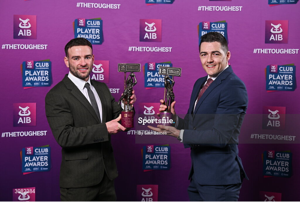 21 March 2025; Dr Crokes footballers Micheál Burns, left, and Brian Looney with their 2024/25 Football Team of the Year awards during the AIB Club Player Awards at Croke Park in Dublin. The AIB Club Player Awards celebrated the best players from club Football, Hurling, Camogie, and LGFA in a single ceremony for the first time, recognising their outstanding achievements on the field throughout the season. Photo by Sam Barnes/Sportsfile