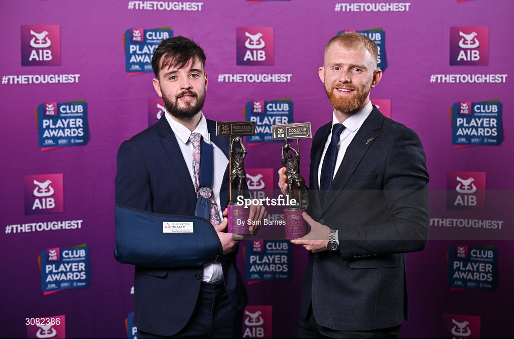 21 March 2025; Coolera-Strandhill footballers Keelan Harte, left, and Seán Taylor with their 2024/25 Football Team of the Year awards during the AIB Club Player Awards at Croke Park in Dublin. The AIB Club Player Awards celebrated the best players from club Football, Hurling, Camogie, and LGFA in a single ceremony for the first time, recognising their outstanding achievements on the field throughout the season. Photo by Sam Barnes/Sportsfile