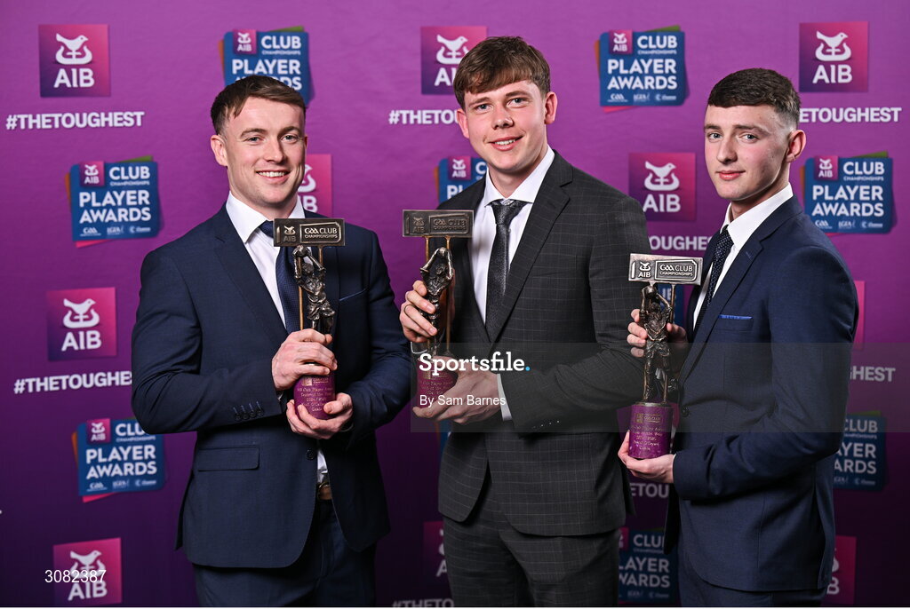 21 March 2025; Cuala footballers, from left, Niall O'Callaghan, Charlie McMorrow and David O'Dowd with their 2024/25 Football Team of the Year awards during the AIB Club Player Awards at Croke Park in Dublin. The AIB Club Player Awards celebrated the best players from club Football, Hurling, Camogie, and LGFA in a single ceremony for the first time, recognising their outstanding achievements on the field throughout the season. Photo by Sam Barnes/Sportsfile