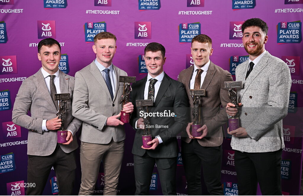 21 March 2025; Errigal Ciaran footballers, from left,  Darragh Canavan, Peter Óg McCartan, Ruairí Canavan, Peter Harte and  Joe Oguz with their 2024/25 Football Team of the Year awards during the AIB Club Player Awards at Croke Park in Dublin. The AIB Club Player Awards celebrated the best players from club Football, Hurling, Camogie, and LGFA in a single ceremony for the first time, recognising their outstanding achievements on the field throughout the season. Photo by Sam Barnes/Sportsfile