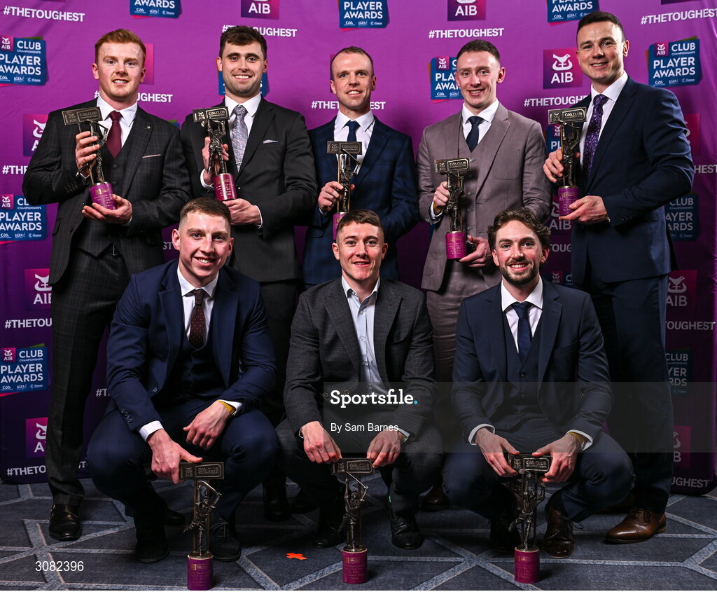 21 March 2025; Na Fianna hurlers, back row from left, Conor McHugh, Brian Ryan, Paul O'Dea,  Colin Currie, and Liam Rushe, and front row from left, Kevin Burke, Andrew Jamieson-Murphy, and Ciarán Stacey with their 2024/25 Hurling Team of the Year award during the AIB Club Player Awards at Croke Park in Dublin. The AIB Club Player Awards celebrated the best players from club Football, Hurling, Camogie, and LGFA in a single ceremony for the first time, recognising their outstanding achievements on the field throughout the season. Photo by Sam Barnes/Sportsfile
