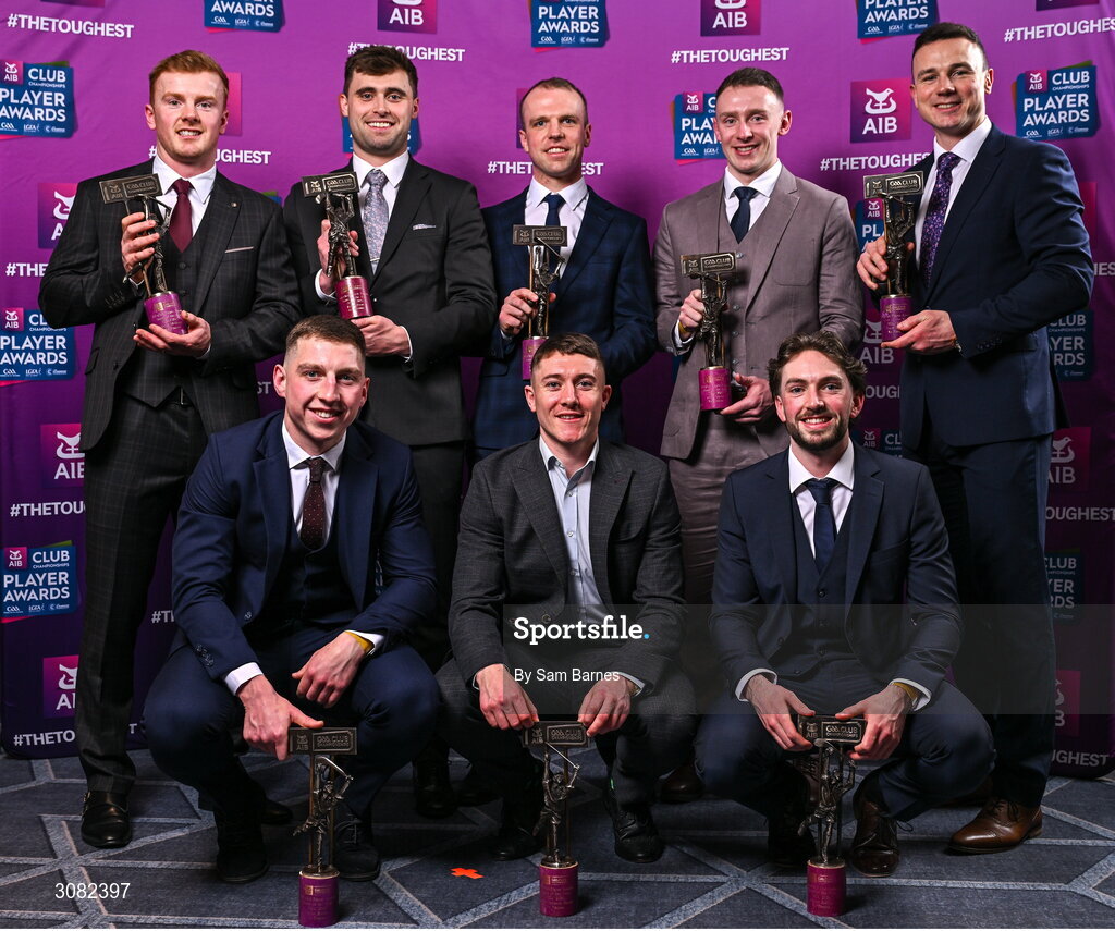 21 March 2025; Na Fianna hurlers, back row from left, Conor McHugh, Brian Ryan, Paul O'Dea,  Colin Currie, and Liam Rushe, and front row from left, Kevin Burke, Andrew Jamieson-Murphy, and Ciarán Stacey with their 2024/25 Hurling Team of the Year award during the AIB Club Player Awards at Croke Park in Dublin. The AIB Club Player Awards celebrated the best players from club Football, Hurling, Camogie, and LGFA in a single ceremony for the first time, recognising their outstanding achievements on the field throughout the season. Photo by Sam Barnes/Sportsfile