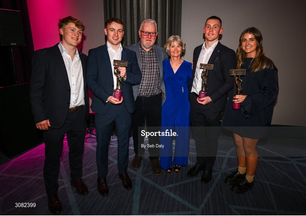 21 March 2025; Cuala footballers Niall and Con O'Callaghan with Kilmacud Crokes ladies footballer Aoife Kane and family during the AIB Club Player Awards at Croke Park in Dublin. The AIB Club Player Awards celebrated the best players from club Football, Hurling, Camogie, and LGFA in a single ceremony for the first time, recognising their outstanding achievements on the field throughout the season. Photo by Seb Daly/Sportsfile