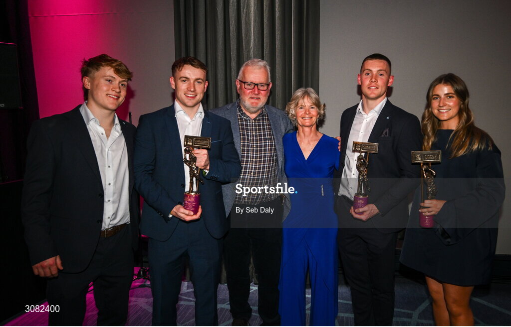 21 March 2025; Cuala footballers Niall and Con O'Callaghan with Kilmacud Crokes ladies footballer Aoife Kane and family during the AIB Club Player Awards at Croke Park in Dublin. The AIB Club Player Awards celebrated the best players from club Football, Hurling, Camogie, and LGFA in a single ceremony for the first time, recognising their outstanding achievements on the field throughout the season. Photo by Seb Daly/Sportsfile