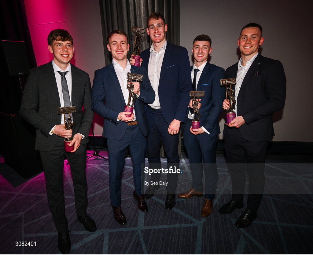 21 March 2025; Cuala footballers, from left, Charlie McMorrow, Niall O'Callaghan, Peadar Ó Cofaigh Byrne, David O’Dowd and Con O'Callaghan with their 2024/25 Football Team of the Year awards during the AIB Club Player Awards at Croke Park in Dublin. The AIB Club Player Awards celebrated the best players from club Football, Hurling, Camogie, and LGFA in a single ceremony for the first time, recognising their outstanding achievements on the field throughout the season. Photo by Seb Daly/Sportsfile
