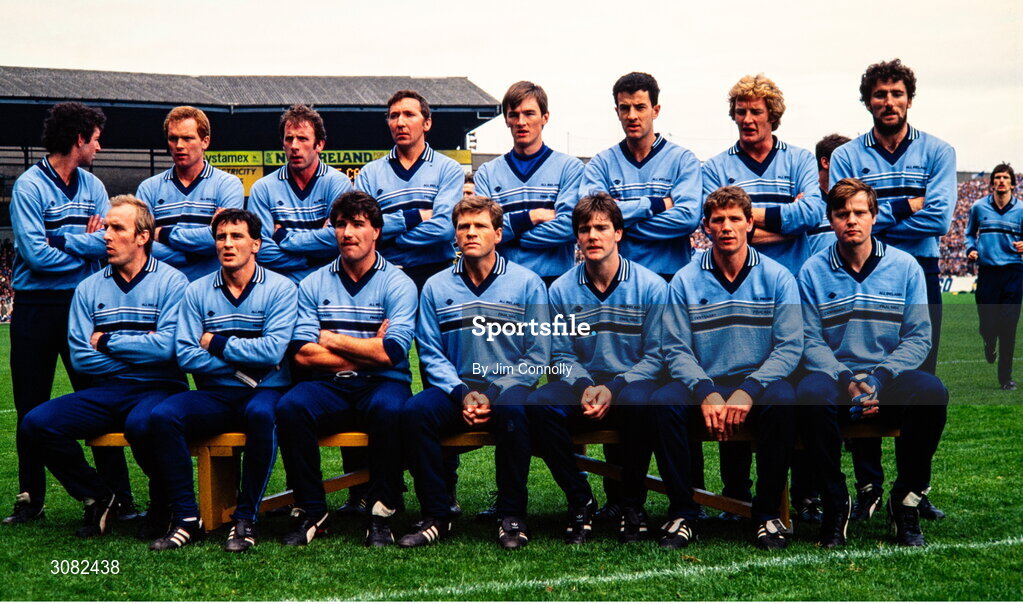 23 September 1984; The Dublin team, back, from left, Tommy Conroy, Barney Rock, Mick Kennedy, Anton O'Toole, John O'Leary, Gerry Hargan, Mick Holden and Ciaran Duff, with, front, from left, Brian Mullins, P.J. Buckley, Joe McNally, Tommy Drumm, Pat Canavan, John Kearns and John Royane prior to the All-Ireland Senior Football Championship Final match between Kerry and Dublin at Croke Park in Dublin. Photo by Jim Connolly/Sportsfile