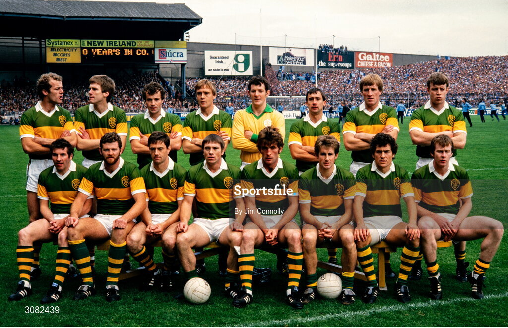 23 September 1984; The Kerry team, back row, from left, Jack O'Shea, Tom Spillane, Mikey Sheehy, Ger Lynch, Charlie Nelligan, Ogie Moran, Pat Spillane and Sean Walsh, with front, from left, John Egan, Eoin Liston, Tommy Doyle, Paidí Ó Sé, Ambrose O'Donovon, Mick Spillane, Ger Power and John Kennedy prior to the All-Ireland Senior Football Championship Final match between Kerry and Dublin at Croke Park in Dublin. Photo by Jim Connolly/Sportsfile