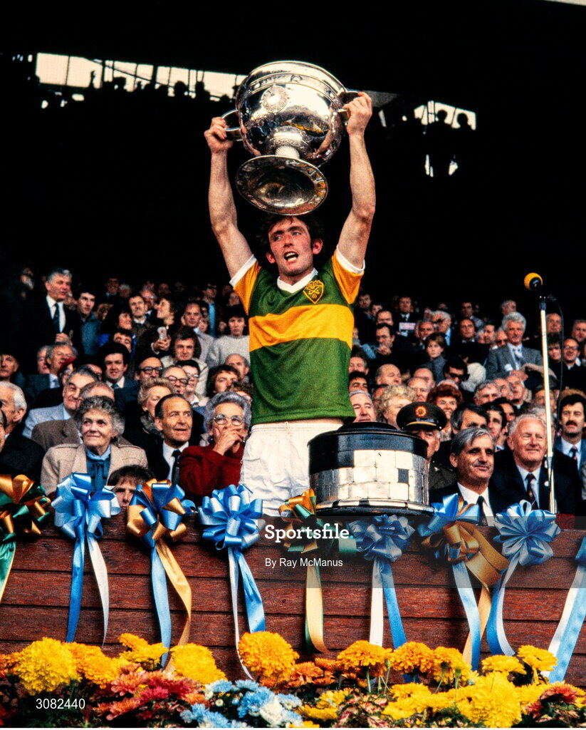 23 September 1984; Kerry captain Ambrose O'Donovan lifts the Sam Maguire Cup after the All-Ireland Senior Football Championship Final match between Kerry and Dublin at Croke Park in Dublin. Photo by Ray McManus/Sportsfile