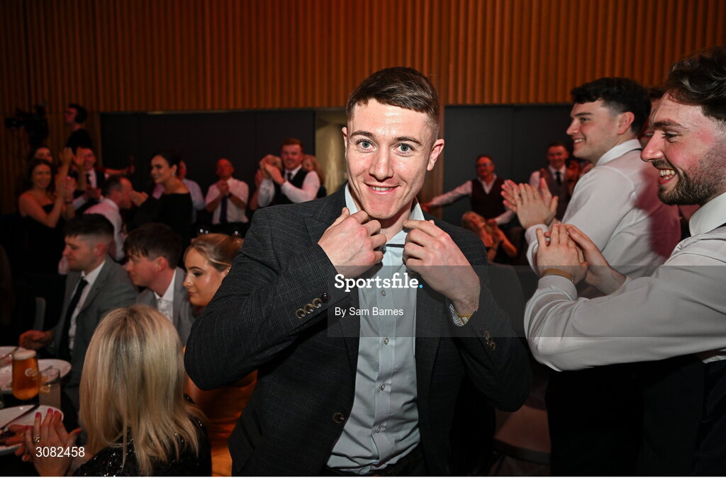 21 March 2025; AIB Club Hurling Player of the Year, Na Fianna hurler Andrew Jamieson-Murphy, makes his way to the stage to receive his award during the AIB Club Player Awards at Croke Park in Dublin. The AIB Club Player Awards celebrated the best players from club Football, Hurling, Camogie, and LGFA in a single ceremony for the first time, recognising their outstanding achievements on the field throughout the season. Photo by Sam Barnes/Sportsfile