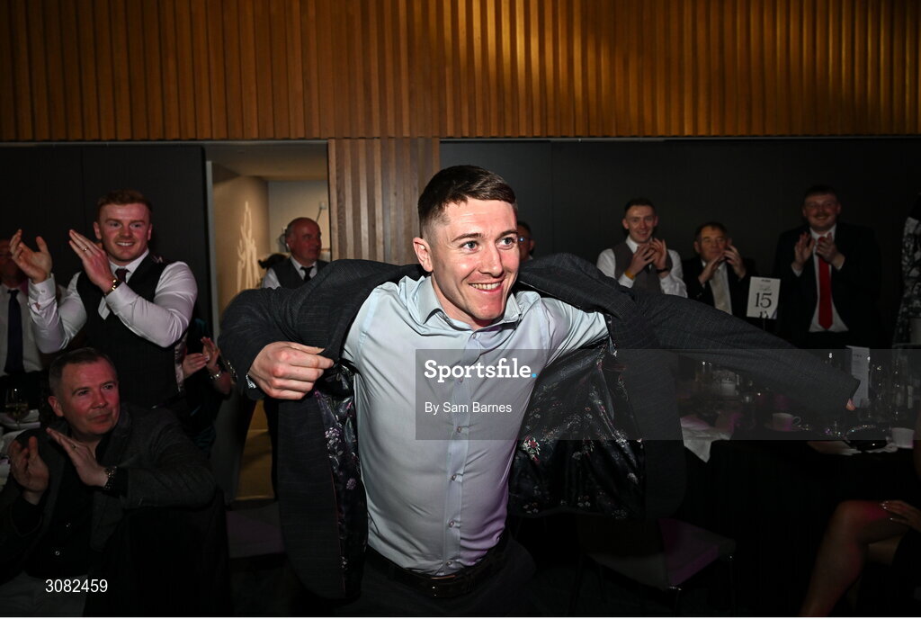 21 March 2025; AIB Club Hurling Player of the Year, Na Fianna hurler Andrew Jamieson-Murphy, makes his way to the stage to receive his award during the AIB Club Player Awards at Croke Park in Dublin. The AIB Club Player Awards celebrated the best players from club Football, Hurling, Camogie, and LGFA in a single ceremony for the first time, recognising their outstanding achievements on the field throughout the season. Photo by Sam Barnes/Sportsfile