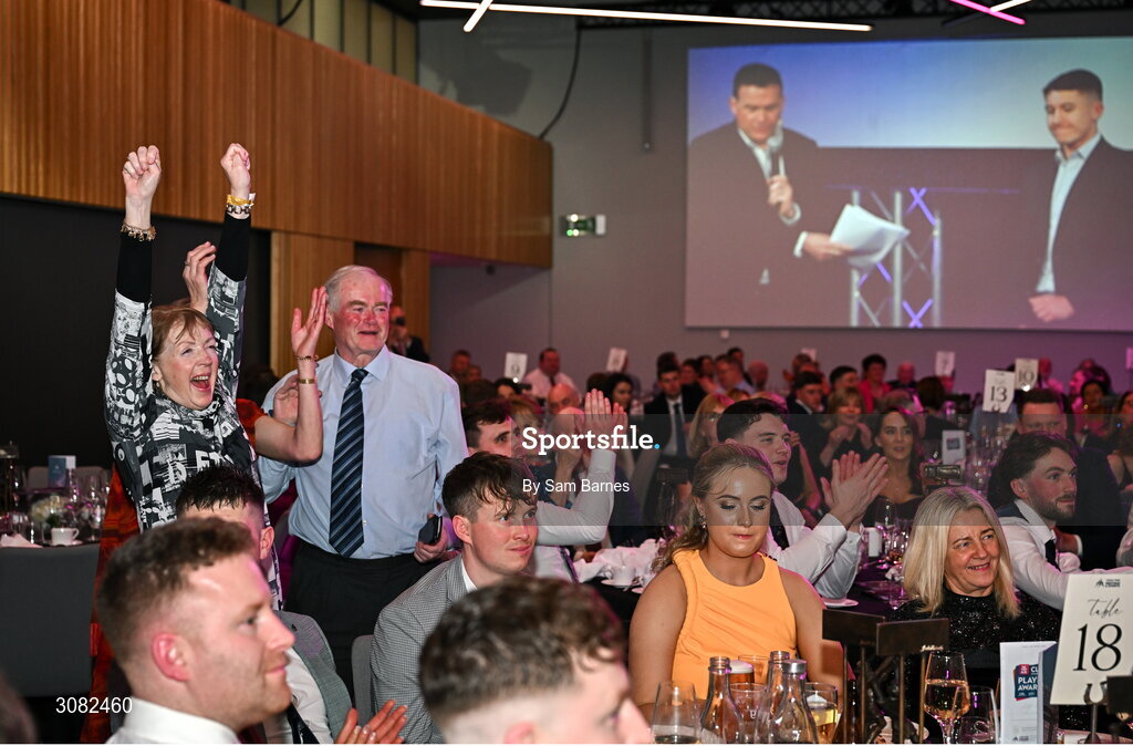 21 March 2025; Family and friends cheer for AIB Club Hurling Player of the Year, Na Fianna hurler Andrew Jamieson-Murphy during the AIB Club Player Awards at Croke Park in Dublin. The AIB Club Player Awards celebrated the best players from club Football, Hurling, Camogie, and LGFA in a single ceremony for the first time, recognising their outstanding achievements on the field throughout the season. Photo by Sam Barnes/Sportsfile
