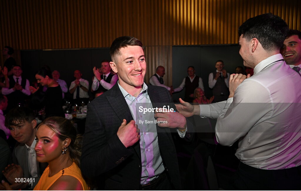 21 March 2025; AIB Club Hurling Player of the Year, Na Fianna hurler Andrew Jamieson-Murphy, makes his way to the stage to receive his award during the AIB Club Player Awards at Croke Park in Dublin. The AIB Club Player Awards celebrated the best players from club Football, Hurling, Camogie, and LGFA in a single ceremony for the first time, recognising their outstanding achievements on the field throughout the season. Photo by Sam Barnes/Sportsfile