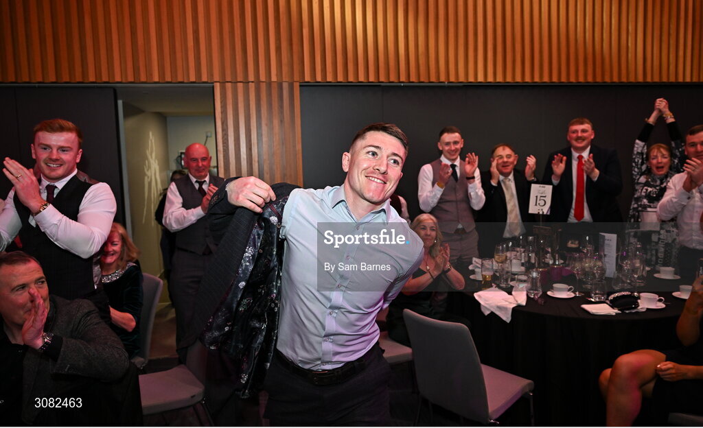 21 March 2025; AIB Club Hurling Player of the Year, Na Fianna hurler Andrew Jamieson-Murphy, makes his way to the stage to receive his award during the AIB Club Player Awards at Croke Park in Dublin. The AIB Club Player Awards celebrated the best players from club Football, Hurling, Camogie, and LGFA in a single ceremony for the first time, recognising their outstanding achievements on the field throughout the season. Photo by Sam Barnes/Sportsfile