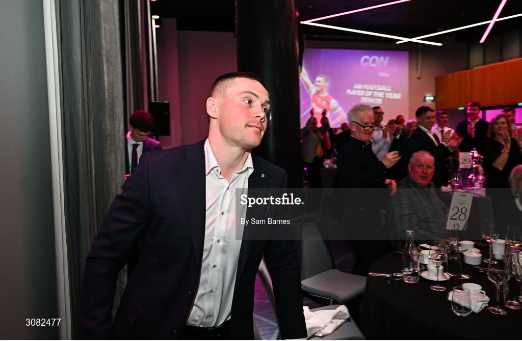 21 March 2025; AIB GAA Club Football Player of the Year Con O'Callaghan of Cuala makes his way to the stage to collect his award during the AIB Club Player Awards at Croke Park in Dublin. The AIB Club Player Awards celebrated the best players from club Football, Hurling, Camogie, and LGFA in a single ceremony for the first time, recognising their outstanding achievements on the field throughout the season. Photo by Sam Barnes/Sportsfile