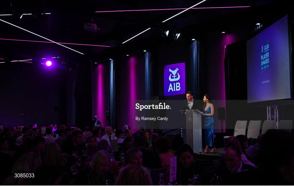 21 March 2025; MC's Damian Lawlor and Aisling O'Reilly during the AIB Club Player Awards at Croke Park in Dublin. The AIB Club Player Awards celebrated the best players from club Football, Hurling, Camogie, and LGFA in a single ceremony for the first time, recognising their outstanding achievements on the field throughout the season. Photo by Ramsey Cardy/Sportsfile