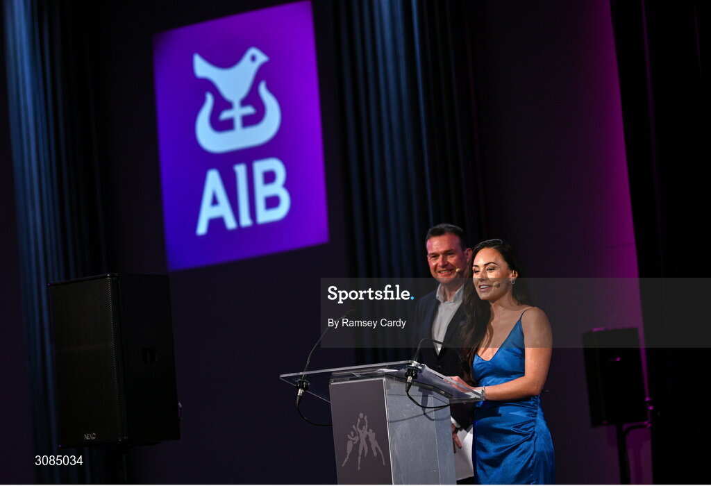 21 March 2025; MC's Damian Lawlor and Aisling O'Reilly during the AIB Club Player Awards at Croke Park in Dublin. The AIB Club Player Awards celebrated the best players from club Football, Hurling, Camogie, and LGFA in a single ceremony for the first time, recognising their outstanding achievements on the field throughout the season. Photo by Ramsey Cardy/Sportsfile