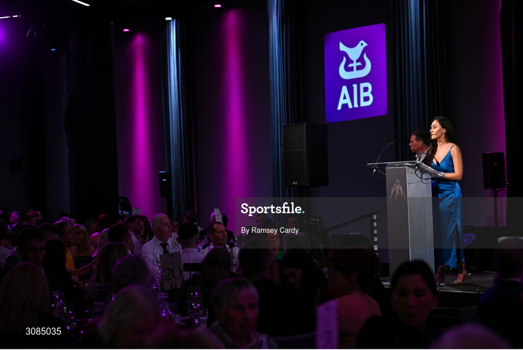 21 March 2025; MC's Damian Lawlor and Aisling O'Reilly during the AIB Club Player Awards at Croke Park in Dublin. The AIB Club Player Awards celebrated the best players from club Football, Hurling, Camogie, and LGFA in a single ceremony for the first time, recognising their outstanding achievements on the field throughout the season. Photo by Ramsey Cardy/Sportsfile