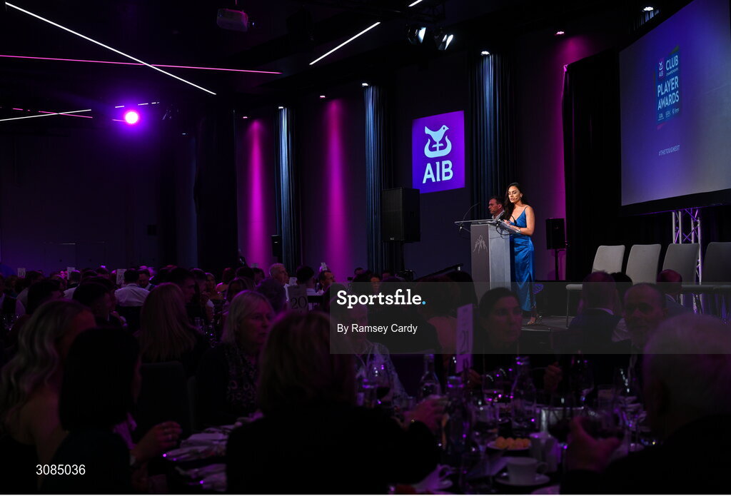 21 March 2025; MC's Damian Lawlor and Aisling O'Reilly during the AIB Club Player Awards at Croke Park in Dublin. The AIB Club Player Awards celebrated the best players from club Football, Hurling, Camogie, and LGFA in a single ceremony for the first time, recognising their outstanding achievements on the field throughout the season. Photo by Ramsey Cardy/Sportsfile