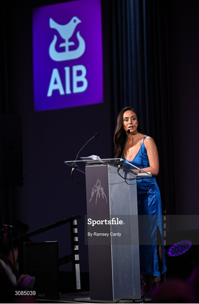 21 March 2025; MC Aisling O'Reilly during the AIB Club Player Awards at Croke Park in Dublin. The AIB Club Player Awards celebrated the best players from club Football, Hurling, Camogie, and LGFA in a single ceremony for the first time, recognising their outstanding achievements on the field throughout the season. Photo by Ramsey Cardy/Sportsfile