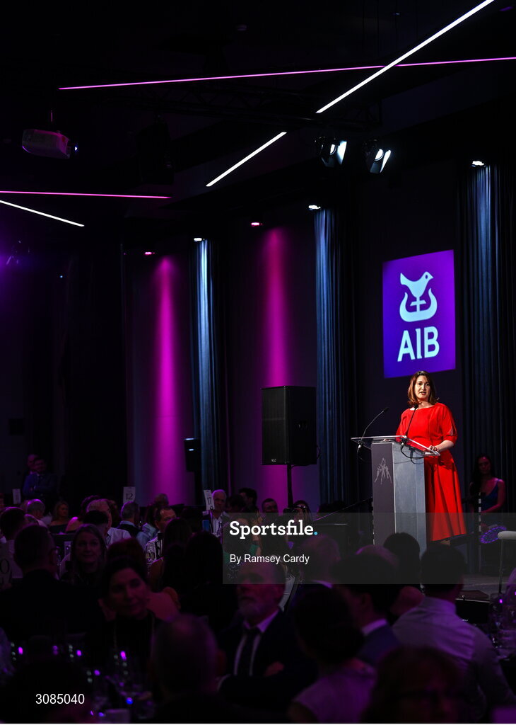 21 March 2025; AIB chief customer officer Orlaith Ryan during the AIB Club Player Awards at Croke Park in Dublin. The AIB Club Player Awards celebrated the best players from club Football, Hurling, Camogie, and LGFA in a single ceremony for the first time, recognising their outstanding achievements on the field throughout the season. Photo by Ramsey Cardy/Sportsfile