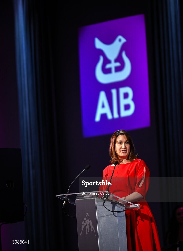 21 March 2025; AIB chief customer officer Orlaith Ryan during the AIB Club Player Awards at Croke Park in Dublin. The AIB Club Player Awards celebrated the best players from club Football, Hurling, Camogie, and LGFA in a single ceremony for the first time, recognising their outstanding achievements on the field throughout the season. Photo by Ramsey Cardy/Sportsfile