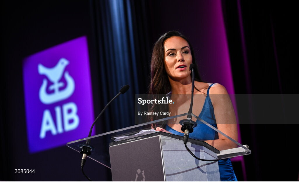 21 March 2025; MC Aisling O'Reilly during the AIB Club Player Awards at Croke Park in Dublin. The AIB Club Player Awards celebrated the best players from club Football, Hurling, Camogie, and LGFA in a single ceremony for the first time, recognising their outstanding achievements on the field throughout the season. Photo by Ramsey Cardy/Sportsfile