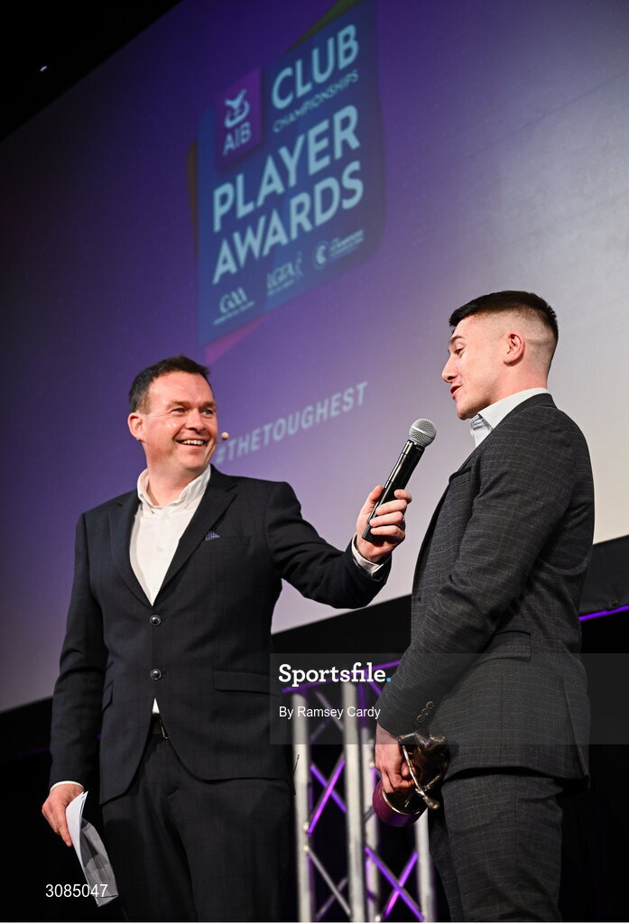 21 March 2025; AIB Club Hurling Player of the Year Andrew Jamieson-Murphy of Na Fianna is interviewed by MC Damian Lawlor during the AIB Club Player Awards at Croke Park in Dublin. The AIB Club Player Awards celebrated the best players from club Football, Hurling, Camogie, and LGFA in a single ceremony for the first time, recognising their outstanding achievements on the field throughout the season. Photo by Ramsey Cardy/Sportsfile
