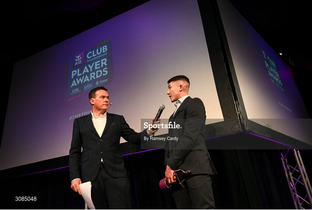 21 March 2025; AIB Club Hurling Player of the Year Andrew Jamieson-Murphy of Na Fianna is interviewed by MC Damian Lawlor during the AIB Club Player Awards at Croke Park in Dublin. The AIB Club Player Awards celebrated the best players from club Football, Hurling, Camogie, and LGFA in a single ceremony for the first time, recognising their outstanding achievements on the field throughout the season. Photo by Ramsey Cardy/Sportsfile