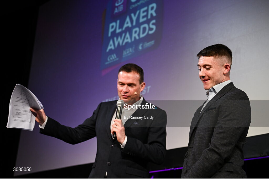 21 March 2025; AIB Club Hurling Player of the Year Andrew Jamieson-Murphy of Na Fianna is interviewed by MC Damian Lawlor during the AIB Club Player Awards at Croke Park in Dublin. The AIB Club Player Awards celebrated the best players from club Football, Hurling, Camogie, and LGFA in a single ceremony for the first time, recognising their outstanding achievements on the field throughout the season. Photo by Ramsey Cardy/Sportsfile