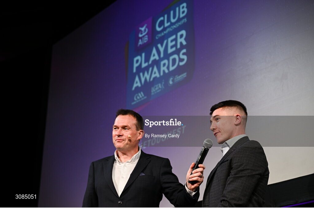 21 March 2025; AIB Club Hurling Player of the Year Andrew Jamieson-Murphy of Na Fianna is interviewed by MC Damian Lawlor during the AIB Club Player Awards at Croke Park in Dublin. The AIB Club Player Awards celebrated the best players from club Football, Hurling, Camogie, and LGFA in a single ceremony for the first time, recognising their outstanding achievements on the field throughout the season. Photo by Ramsey Cardy/Sportsfile