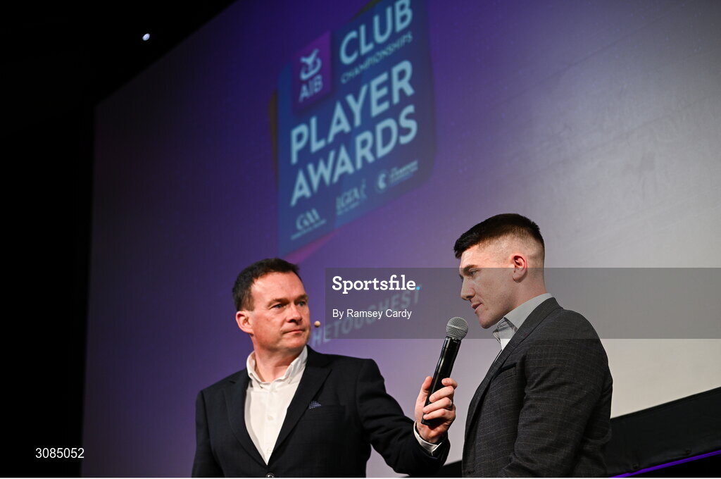 21 March 2025; AIB Club Hurling Player of the Year Andrew Jamieson-Murphy of Na Fianna is interviewed by MC Damian Lawlor during the AIB Club Player Awards at Croke Park in Dublin. The AIB Club Player Awards celebrated the best players from club Football, Hurling, Camogie, and LGFA in a single ceremony for the first time, recognising their outstanding achievements on the field throughout the season. Photo by Ramsey Cardy/Sportsfile