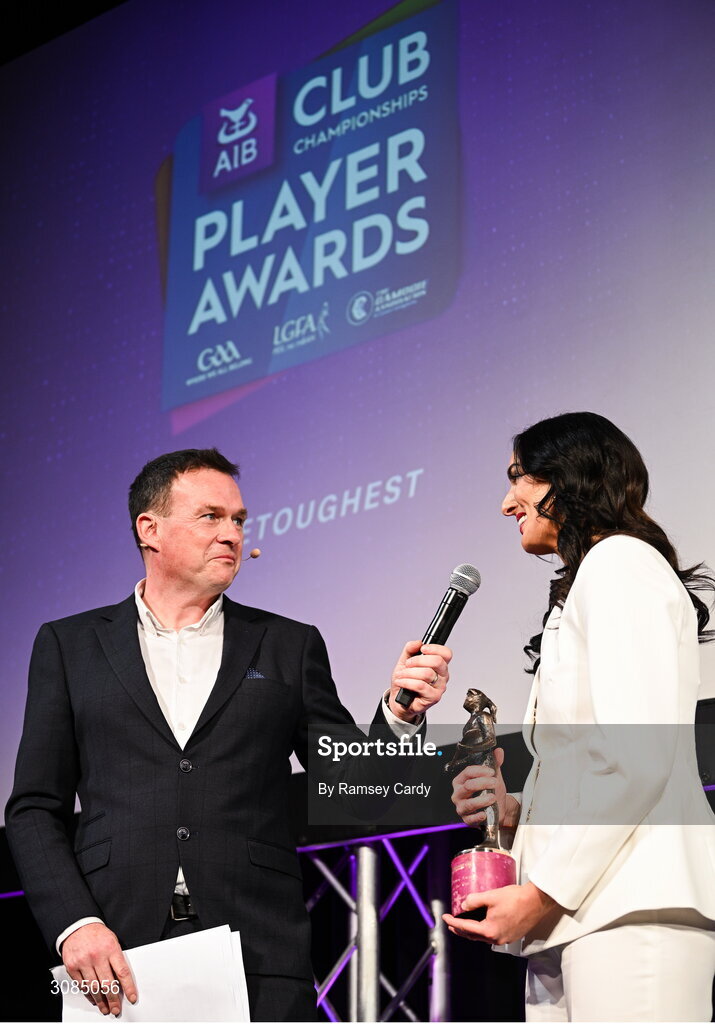 21 March 2025; 2024 Camogie Club Championship Player of the Year, Niamh McGrath of Sarsfields, is interviewed by MC Damian Lawlor during the AIB Club Player Awards at Croke Park in Dublin. The AIB Club Player Awards celebrated the best players from club Football, Hurling, Camogie, and LGFA in a single ceremony for the first time, recognising their outstanding achievements on the field throughout the season. Photo by Ramsey Cardy/Sportsfile