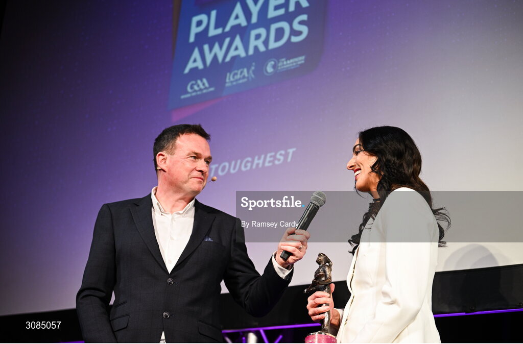 21 March 2025; 2024 Camogie Club Championship Player of the Year, Niamh McGrath of Sarsfields, is interviewed by MC Damian Lawlor during the AIB Club Player Awards at Croke Park in Dublin. The AIB Club Player Awards celebrated the best players from club Football, Hurling, Camogie, and LGFA in a single ceremony for the first time, recognising their outstanding achievements on the field throughout the season. Photo by Ramsey Cardy/Sportsfile