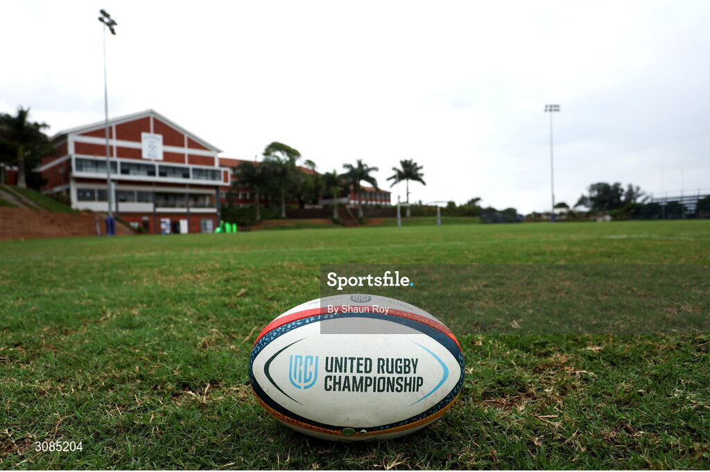 24 March 2025; A general view of a match ball during a Leinster Rugby squad training session at Northwood College in Durban, South Africa. Photo by Shaun Roy/Sportsfile