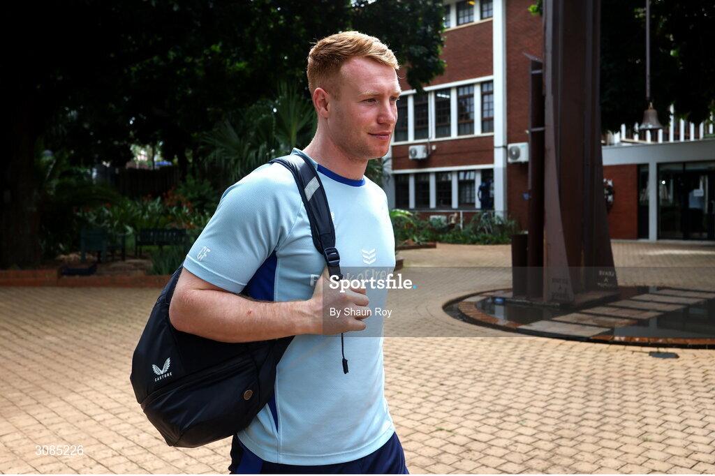 24 March 2025; Ciarán Frawley arrives for Leinster Rugby squad training at Northwood College in Durban, South Africa. Photo by Shaun Roy/Sportsfile